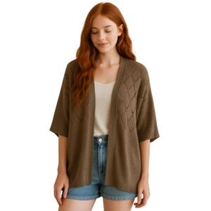 PINK ROSE Brown Crochet Knit Oversized Open Cardigan Sweater L